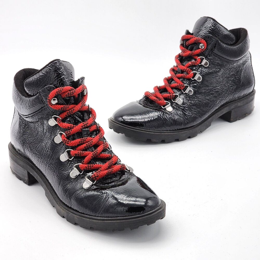 Schutz Niceia Patent Leather Lace Up Ankle Booties Boots Black Red Laces Size 8